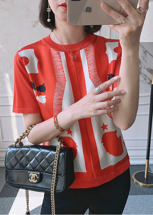 Elegant Red O-Neck Print Silk Patchwork Knit Top Short Sleeve