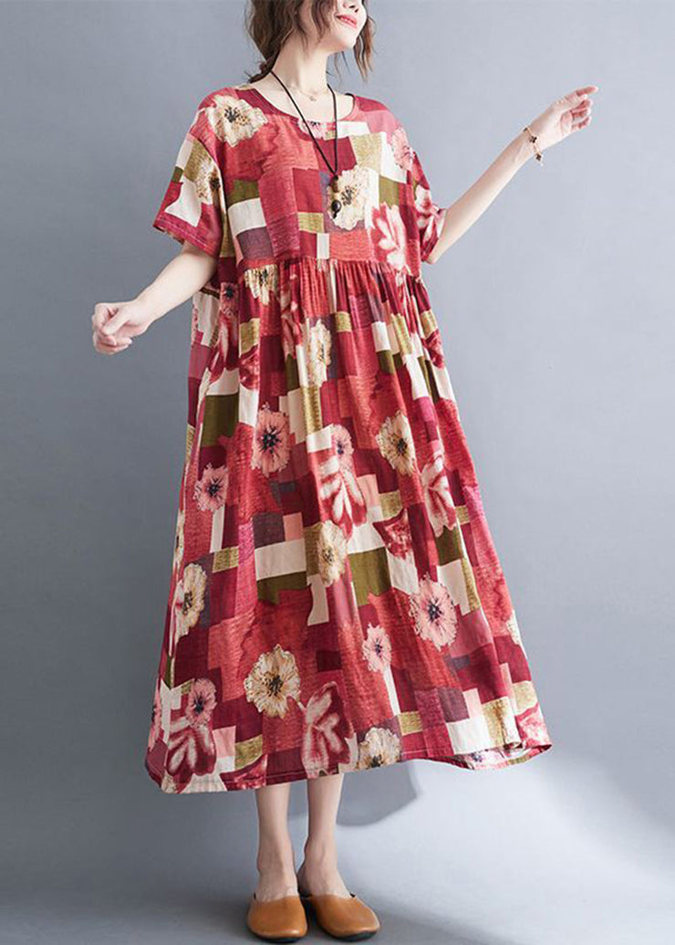 Elegant Red Oversized Print Pockets Cotton A Line Dress Summer