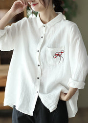 Elegant Red Peter Pan Collar Embroideried Button Linen Shirt Long Sleeve