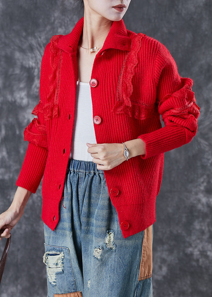 Elegant Red Peter Pan Collar Lace Patchwork Knit Coats Winter