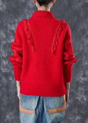 Elegant Red Peter Pan Collar Lace Patchwork Knit Coats Winter