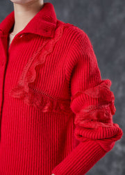 Elegant Red Peter Pan Collar Lace Patchwork Knit Coats Winter