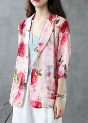 Elegant Red Peter Pan Collar Print Button Linen Coats Summer