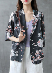 Elegant Red Peter Pan Collar Print Button Linen Coats Summer