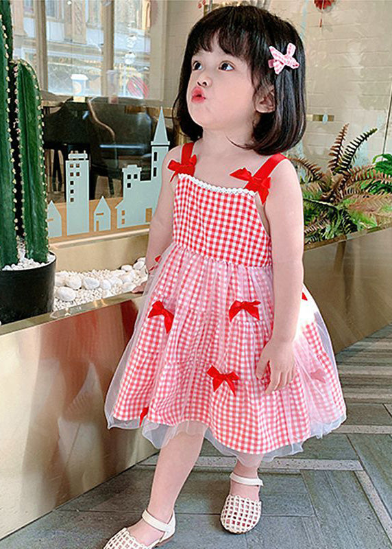 Elegant Red Plaid Patchwork Tulle Kids Slip Long Dress Summer