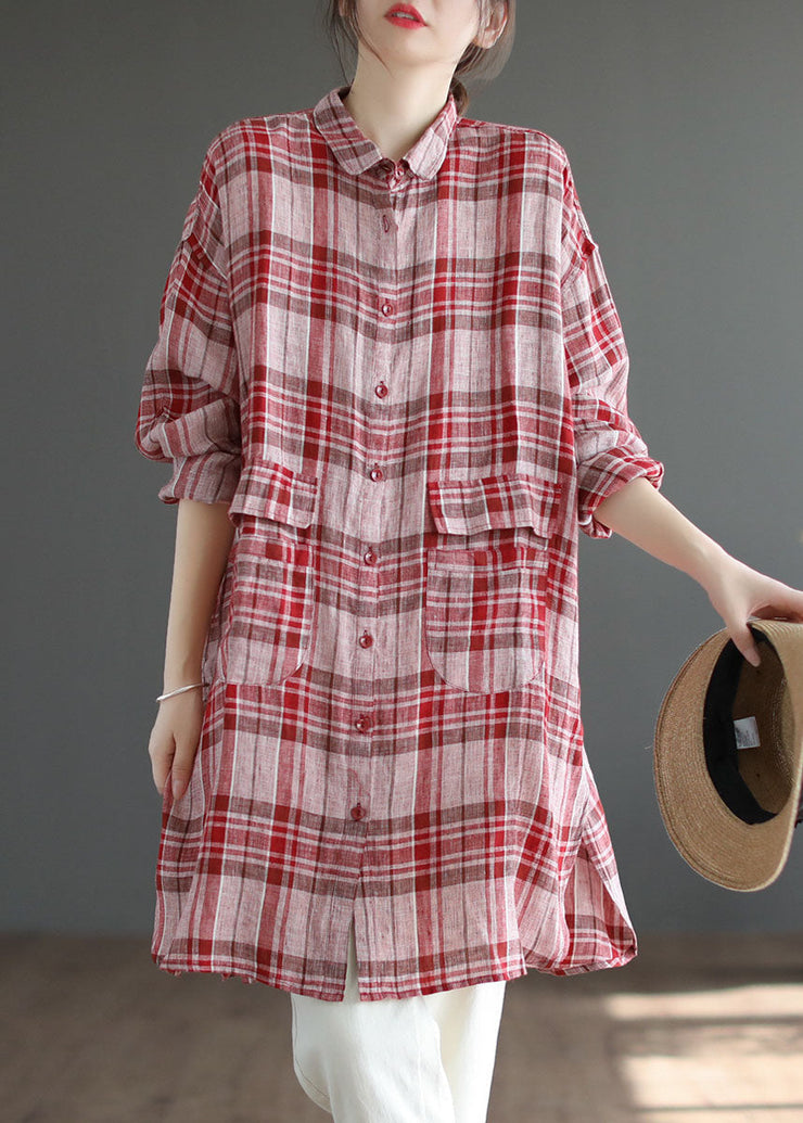 Elegant Red Plaid Peter Pan Collar Linen Blouses Spring