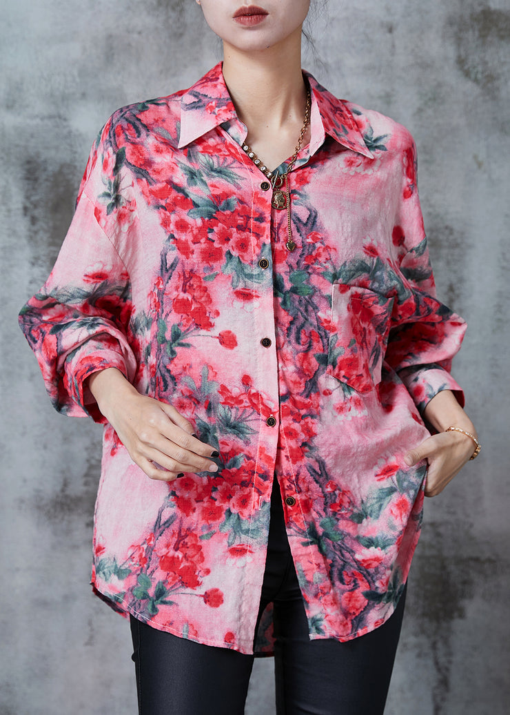 Elegant Red Plum Blossom Print Cotton Shirt Top Spring