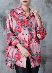 Elegant Red Plum Blossom Print Cotton Shirt Top Spring