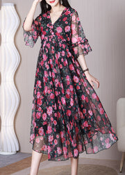 Elegant Red Print Ruffled Chiffon Long Dress Half Sleeve