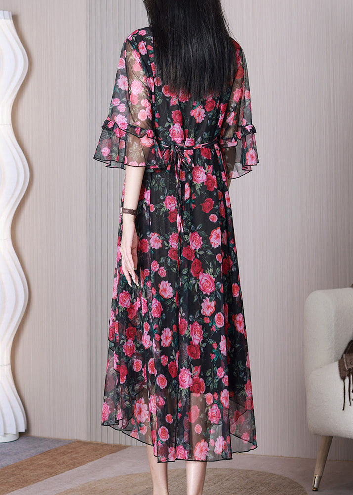 Elegant Red Print Ruffled Chiffon Long Dress Half Sleeve