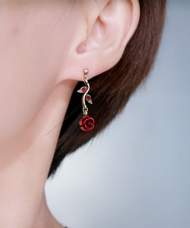 Elegant Red Rose Metal Zircon Drop Earrings