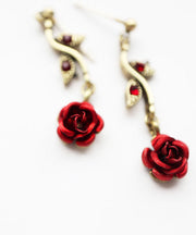 Elegant Red Rose Metal Zircon Drop Earrings