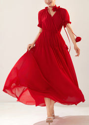 Elegant Red Ruffled Elastic Waist Chiffon Long Dresses Summer