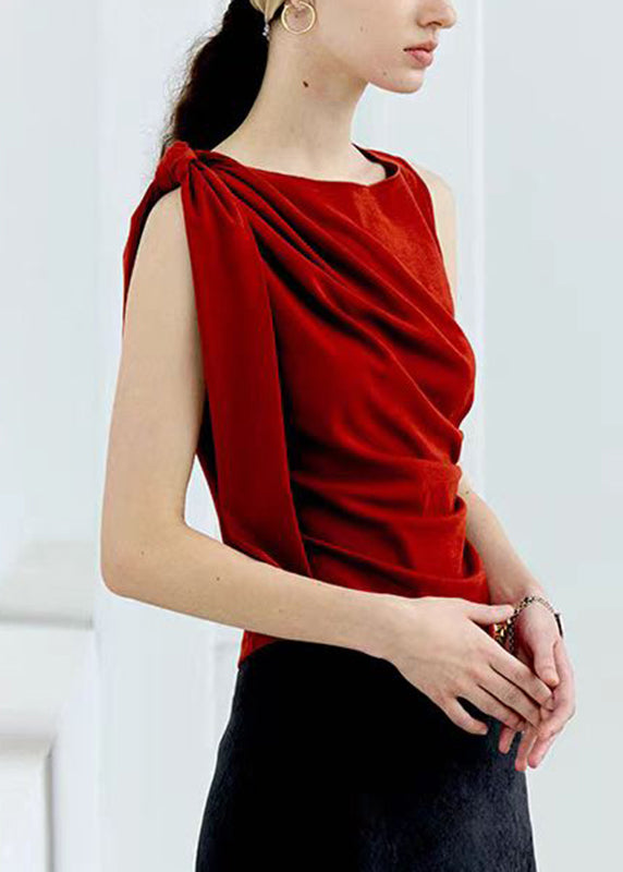 Elegant Red Slash Neck Bow Wrinkled Top Sleeveless