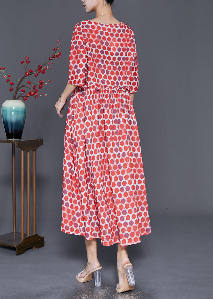 Elegant Red Square Collar Ruffled Print Robe Dresses Half Sleeve