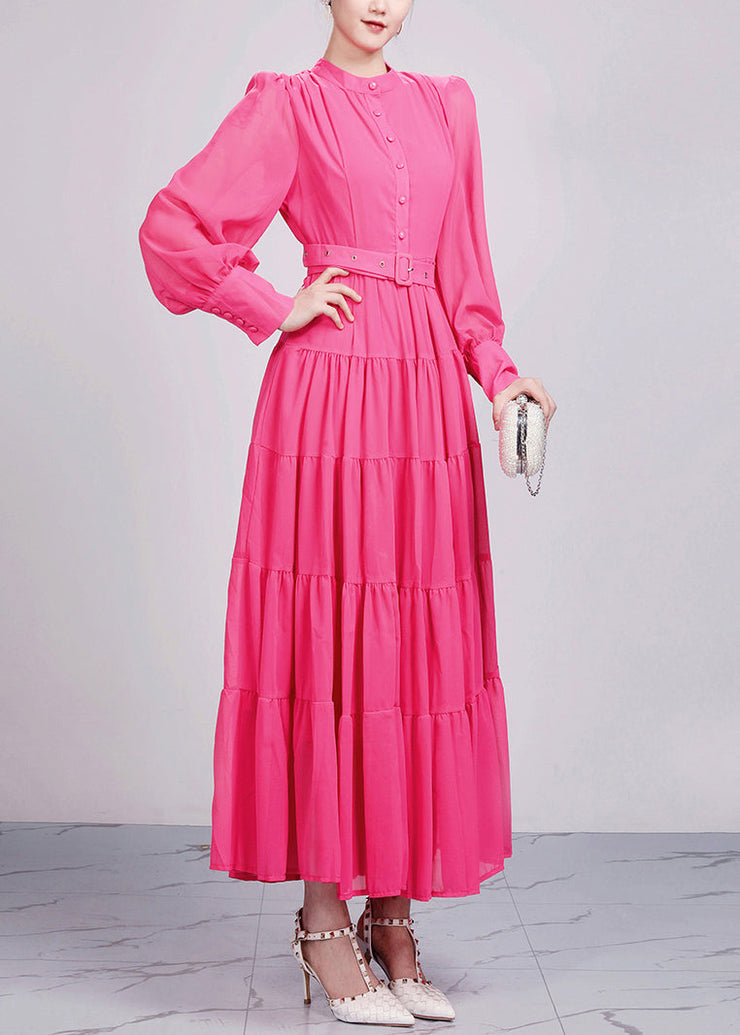 Elegant Red Stand Collar Wrinkled Chiffon Dresses Long Sleeve