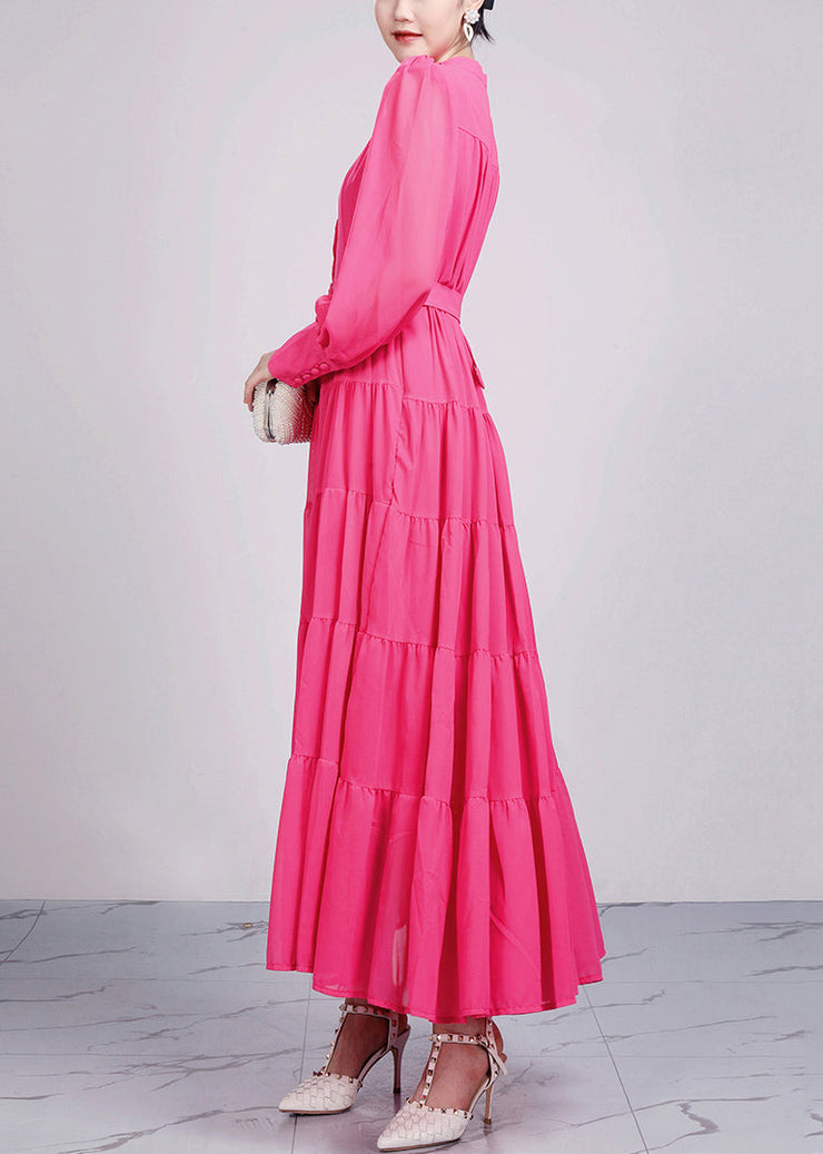 Elegant Red Stand Collar Wrinkled Chiffon Dresses Long Sleeve