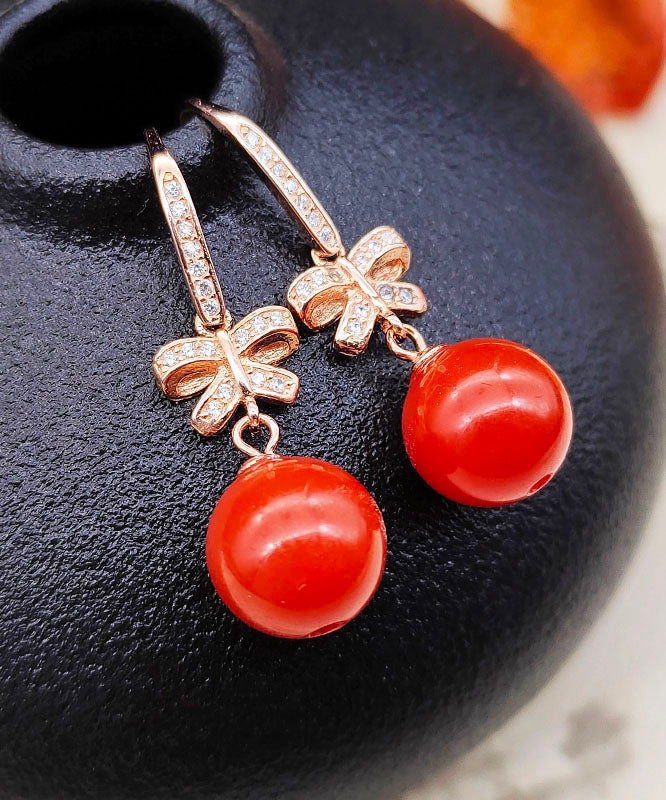 Elegant Red Sterling Silver Overgild Zircon Butterfly Ball Drop Earrings