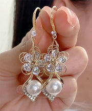 Elegant Red Sterling Silver Overgild Zircon Floral Drop Earrings