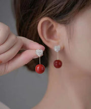 Elegant Red Sterling Silver Zircon Pearl Love Drop Earrings