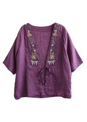 Elegant Red V Neck Embroideried Floral Tie Waist Linen Top Short Sleeve