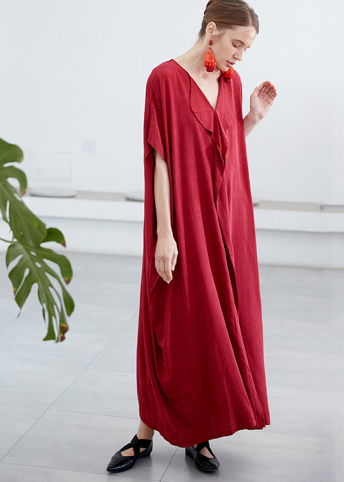 Elegant Red V Neck Jacquard Patchwork Cotton Robe Dresses Summer