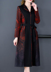 Elegant Red V Neck Patchwork Print Silk Cinch Dress Fall