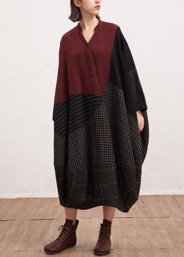 Elegant Red V Neck Plaid Patchwork Linen Dress Batwing Sleeve