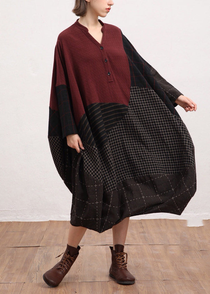 Elegant Red V Neck Plaid Patchwork Linen Dress Batwing Sleeve