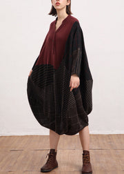 Elegant Red V Neck Plaid Patchwork Linen Dress Batwing Sleeve