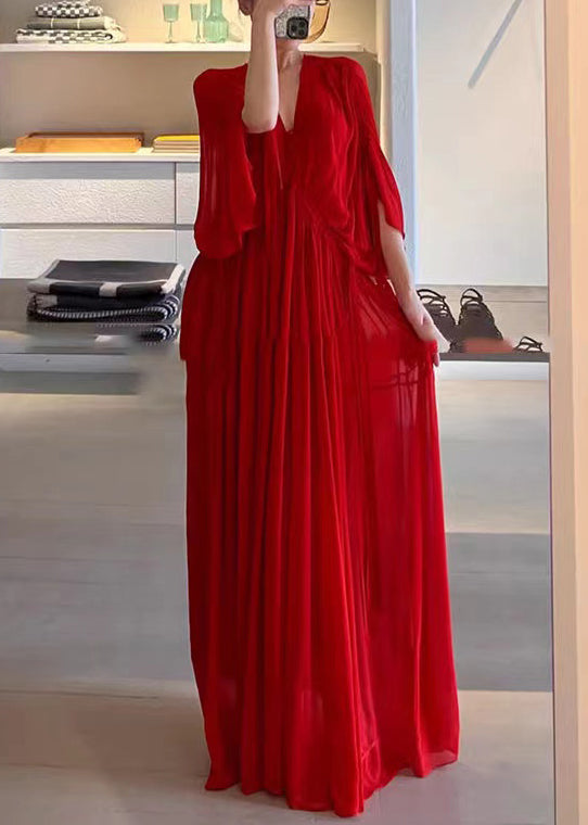 Elegant Red V Neck Wrinkled Solid Chiffon Maxi Dress Half Sleeve