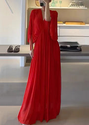 Elegant Red V Neck Wrinkled Solid Chiffon Maxi Dress Half Sleeve