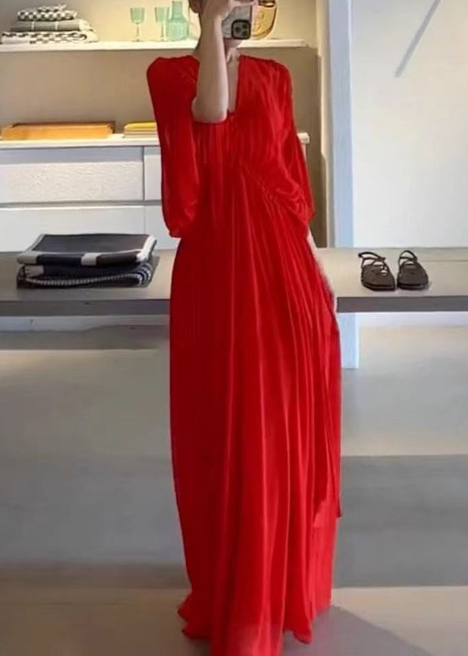 Elegant Red V Neck Wrinkled Solid Chiffon Maxi Dress Half Sleeve