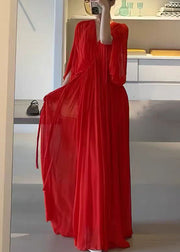 Elegant Red V Neck Wrinkled Solid Chiffon Maxi Dress Half Sleeve