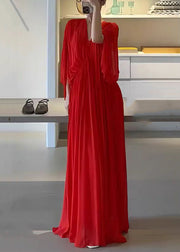 Elegant Red V Neck Wrinkled Solid Chiffon Maxi Dress Half Sleeve