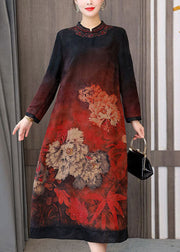 Elegant Red Zip Up Print Silk A Line Dresses Fall