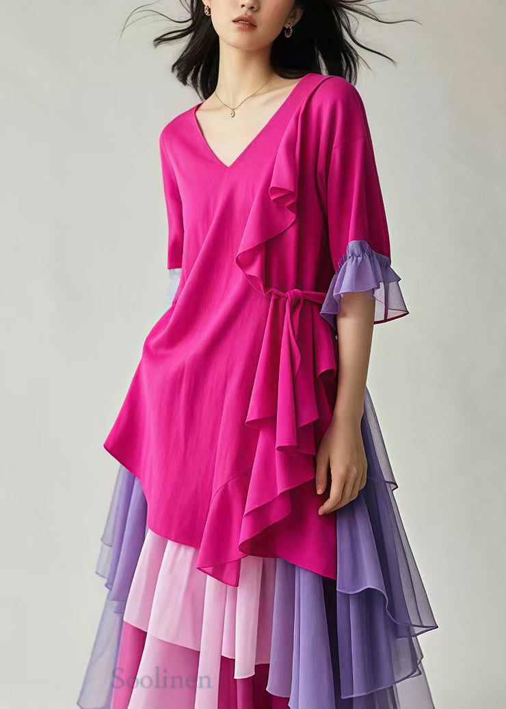 Elegant Rose Asymmetrical Patchwork Tulle Holiday Dress Summer