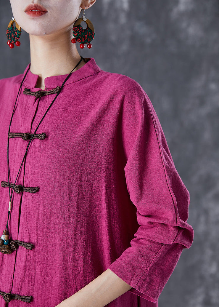 Elegant Rose Chinese Button Side Open Linen Long Shirts Fall