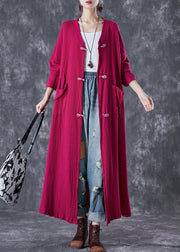 Elegant Rose Chinese Button Wrinkled Linen Long Cardigan Fall