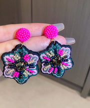 Elegant Rose Hand Woven Alloy Beads Embroidery Floral Drop Earrings