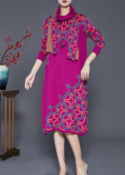 Elegant Rose Print Complimentary Scarf Knit Long Knit Dress Fall