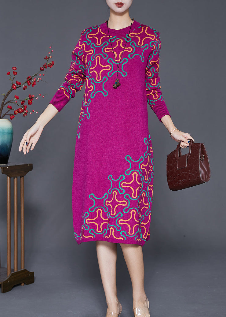 Elegant Rose Print Complimentary Scarf Knit Long Knit Dress Fall