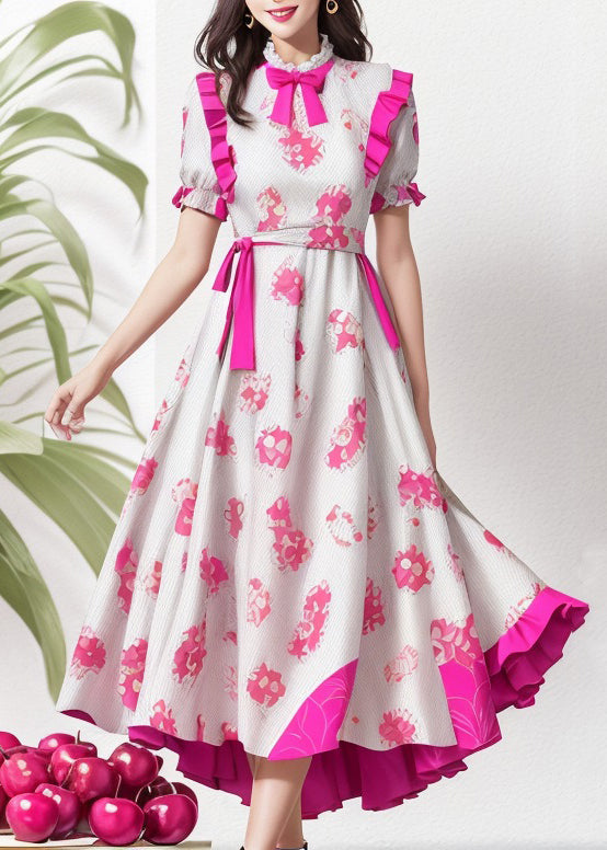 Elegant Rose Ruffled Print Patchwork Silk Dresses Summer