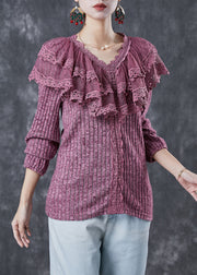 Elegant Rose Ruffles Patchwork Knit Sweater Winter