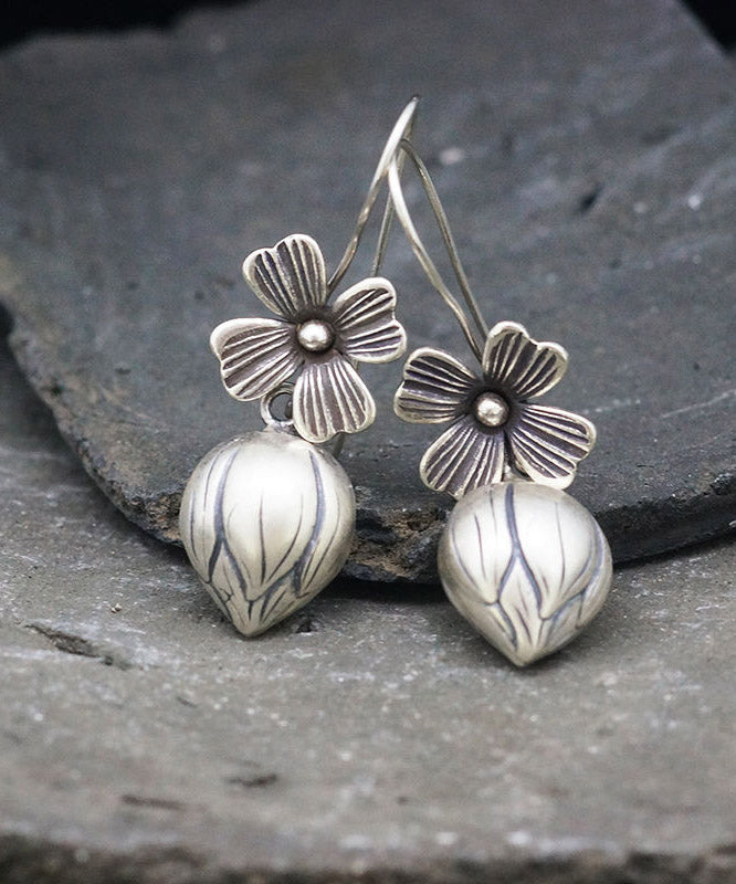 Elegant Silk Sterling Silver Lotus Drop Earrings