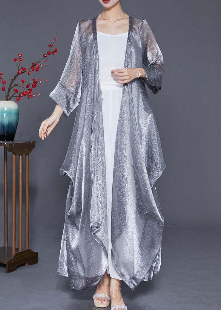 Elegant Silver Oversized Wrinkled Silk Long Cardigan Summer