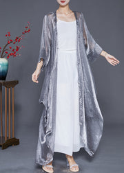 Elegant Silver Oversized Wrinkled Silk Long Cardigan Summer