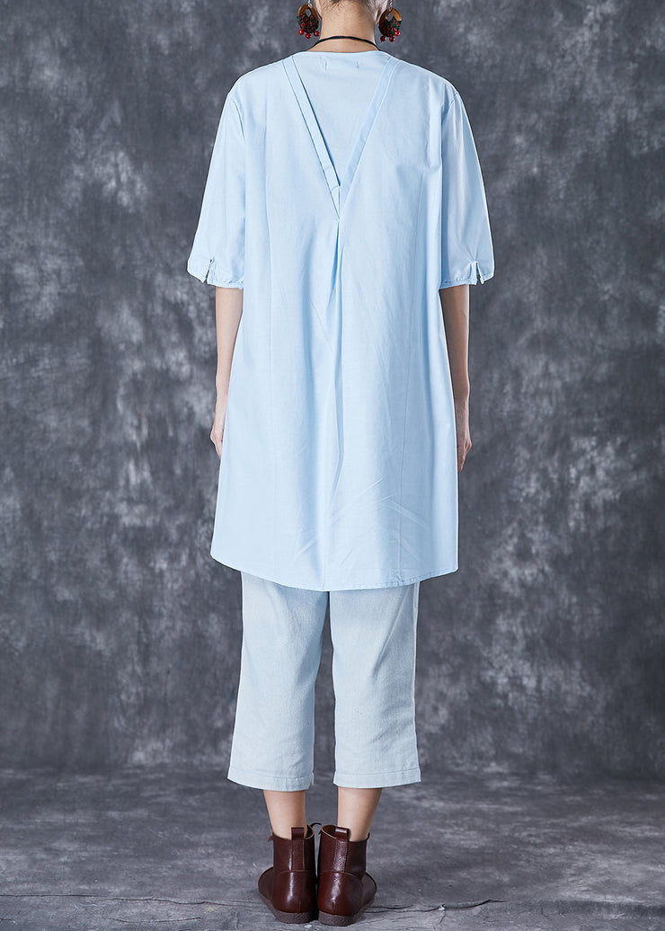 Elegant Sky Blue Embroideried Linen Mid Dress Summer