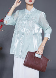 Elegant Sky Blue Tasseled Embroideried Silk Blouses Fall