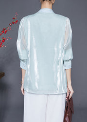 Elegant Sky Blue Tasseled Embroideried Silk Blouses Fall